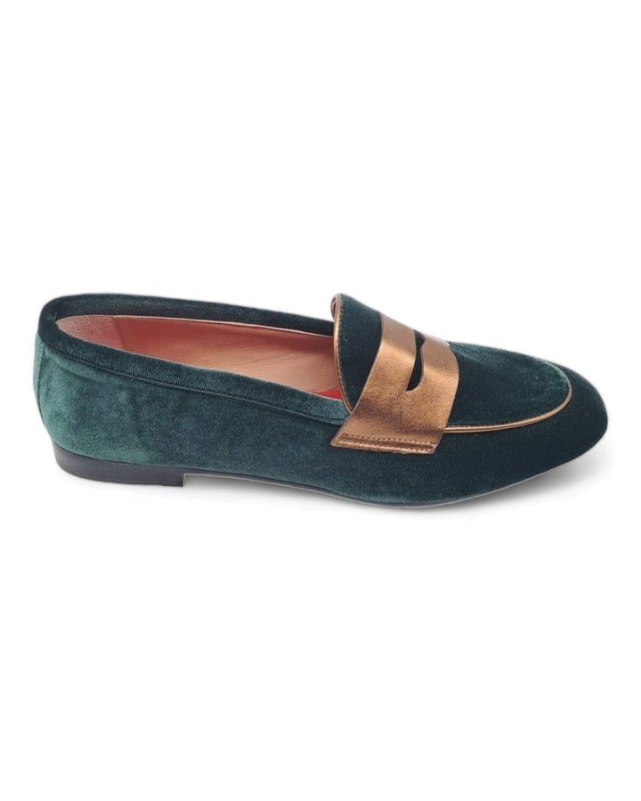 Green Velvet Moccasin / bronze laminate