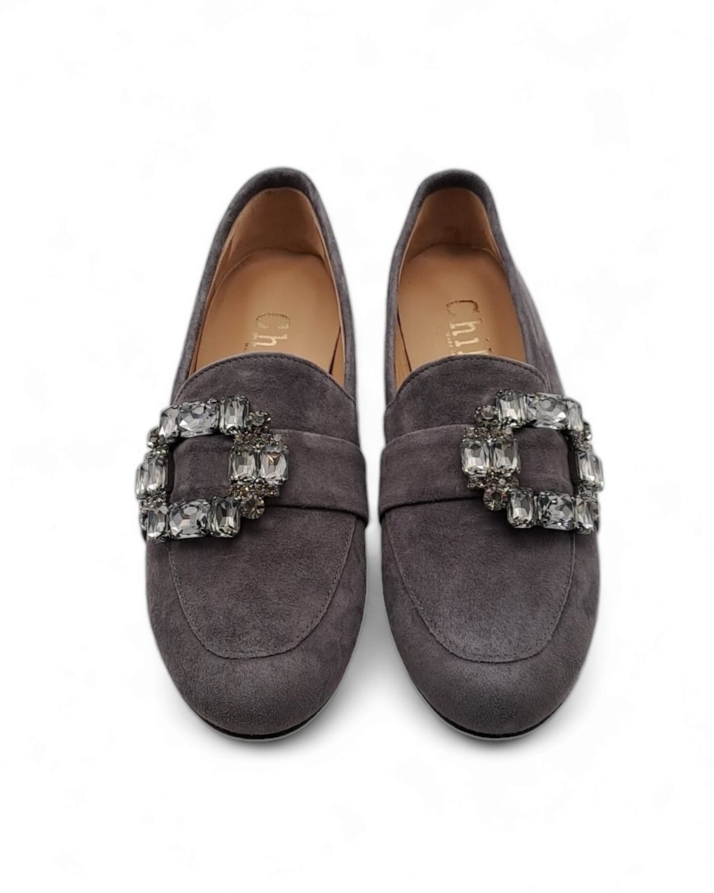 Gray Suede Moccasin with Crystal
