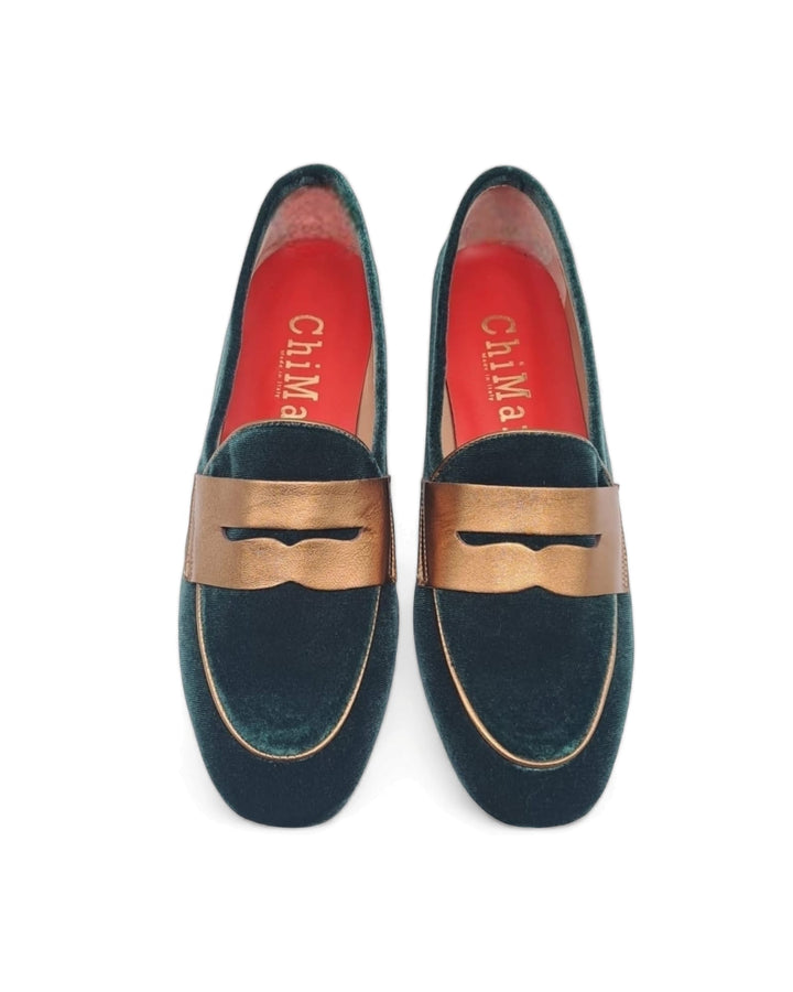 Green Velvet Moccasin / bronze laminate