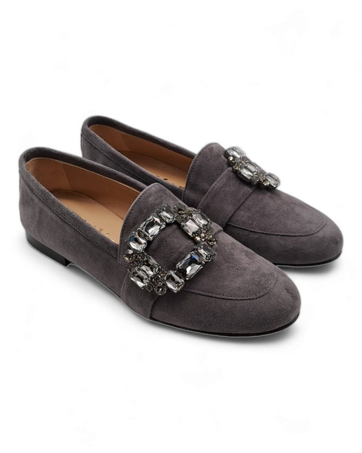 Gray Suede Moccasin with Crystal