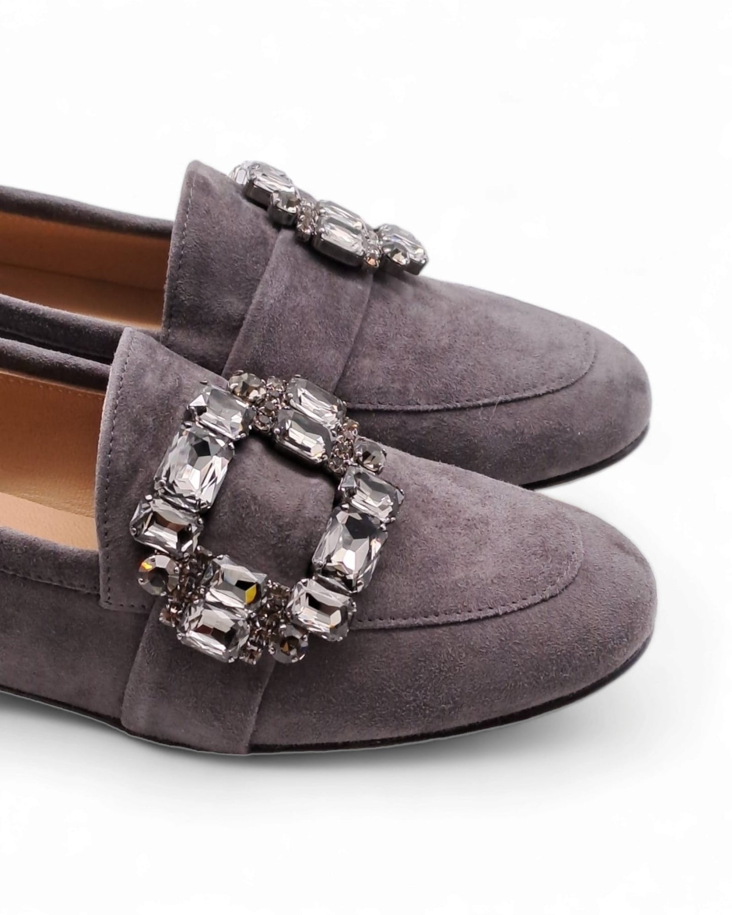 Gray Suede Moccasin with Crystal