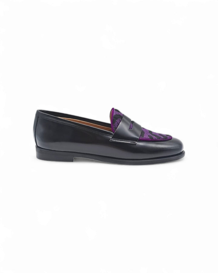 Black Abraded Manal Moccasin / Purple Pony Hair