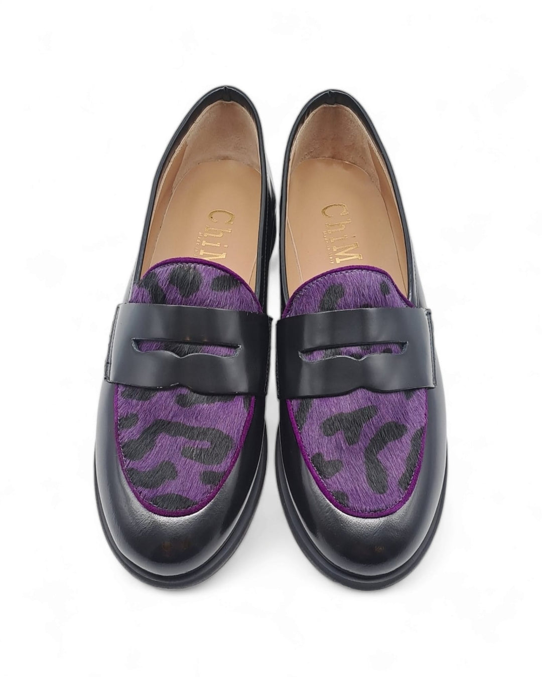 Black Abraded Manal Moccasin / Purple Pony Hair