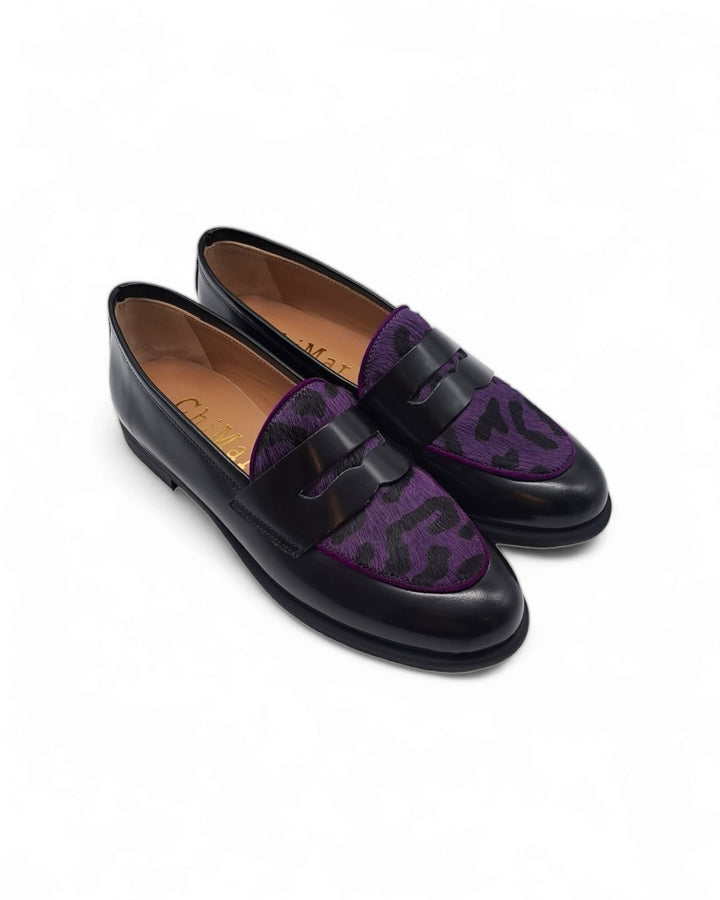 Black Abraded Manal Moccasin / Purple Pony Hair