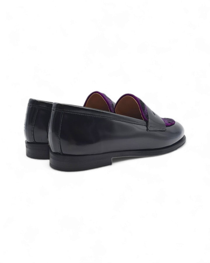 Black Abraded Manal Moccasin / Purple Pony Hair