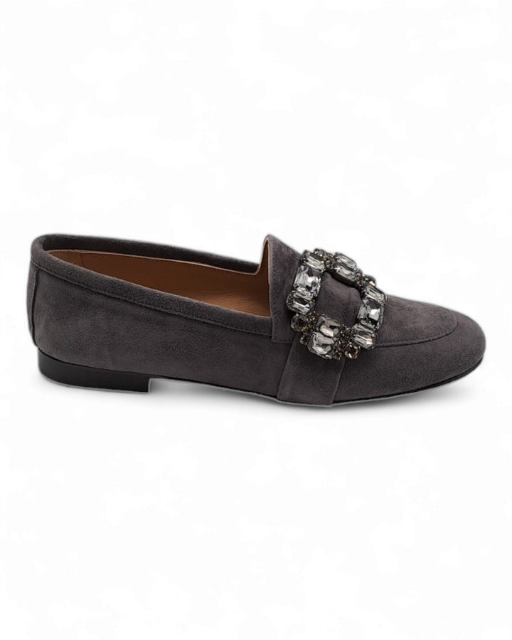 Gray Suede Moccasin with Crystal