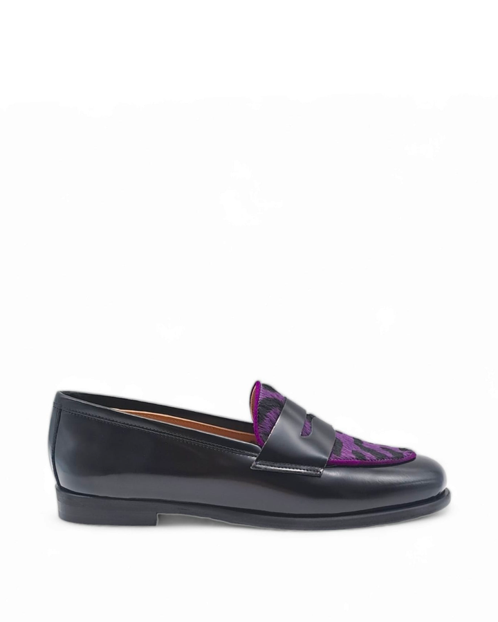 Black Abraded Manal Moccasin / Purple Pony Hair