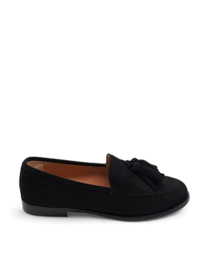 Manal Tassel Moccasin Black Suede