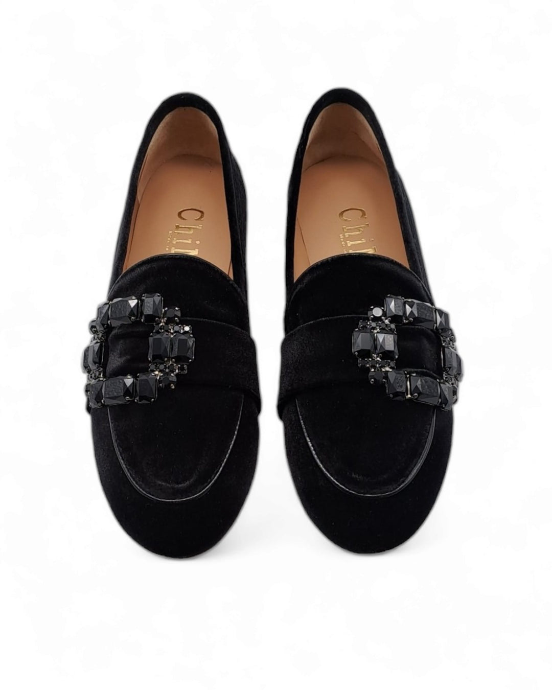 Black Velvet Moccasin with Crystal