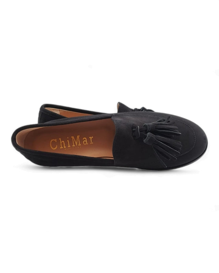 Manal Tassel Moccasin Black Suede