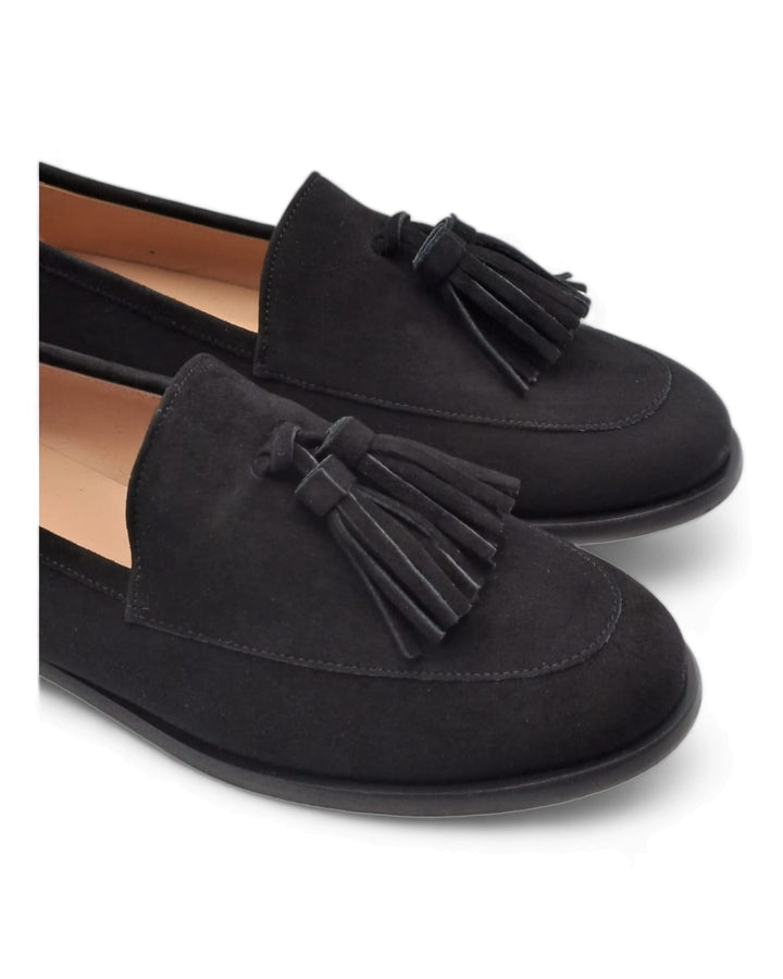 Manal Tassel Moccasin Black Suede