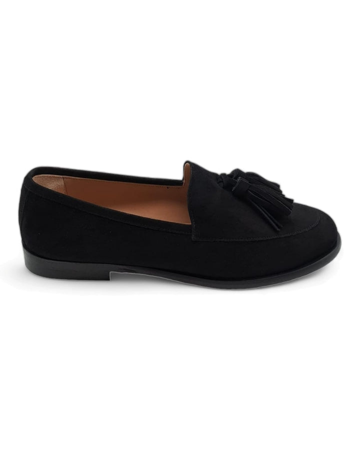 Manal Tassel Moccasin Black Suede