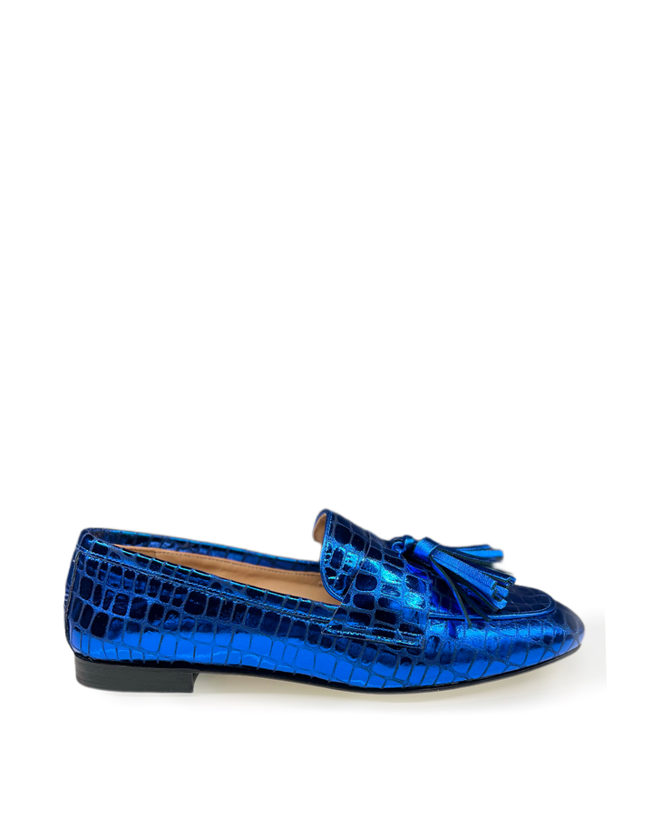 Mocassino Pelle laminata cocco bluette