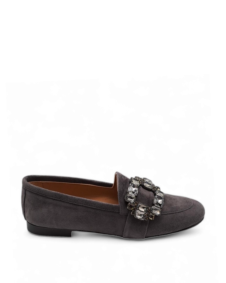 Gray Suede Moccasin with Crystal