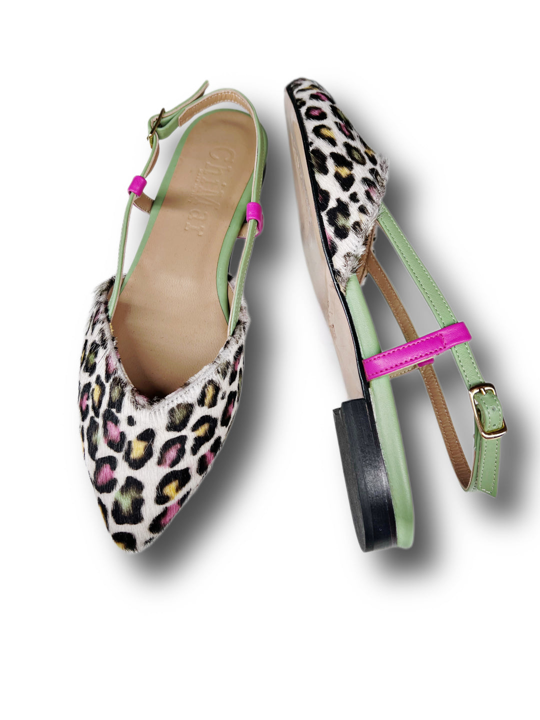 ChiMar multicolor/fuchsia/mint spotted pony slingback