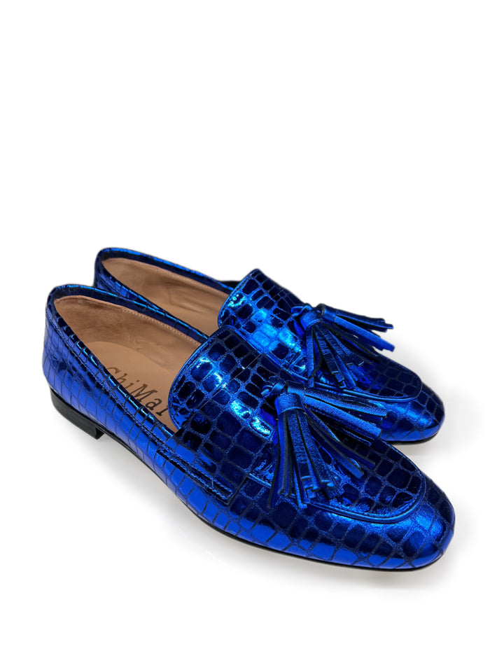 Mocassino Pelle laminata cocco bluette